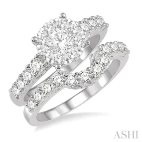 1 5/8 Ctw Lovebright Diamond Wedding Set With 1 1/10 Ctw Round Shape Engagement Ring and 1/2 Ctw U-Drop Wedding Band in 14K White Gold