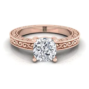 14K Rose Gold Cushion Hand Engraved Scroll Vintage Solitaire Engagement Ring