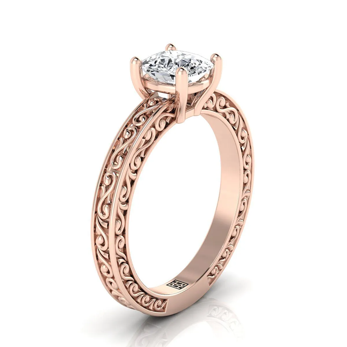 14K Rose Gold Cushion Hand Engraved Scroll Vintage Solitaire Engagement Ring