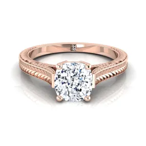 14K Rose Gold Cushion  Hand Engraved Vintage Cathedral Style Solitaire Engagement Ring