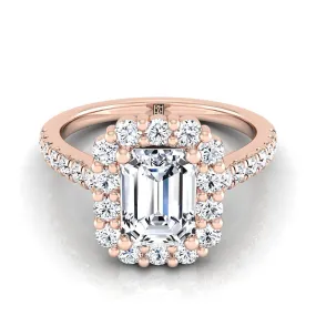 14K Rose Gold Emerald Cut Diamond Shared Prong Halo Engagement Ring -5/8ctw