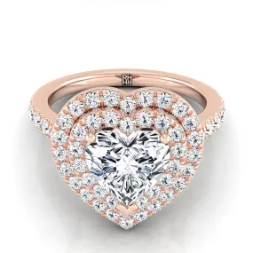 14K Rose Gold Heart Shape Center Double Pave Halo with Linear Diamond Engagement Ring -7/8ctw