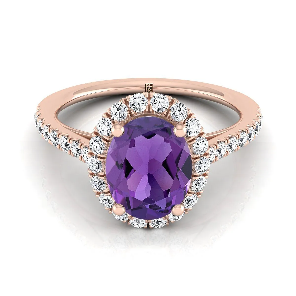 14K Rose Gold Oval Amethyst Petite Halo French Diamond Pave Engagement Ring -3/8ctw