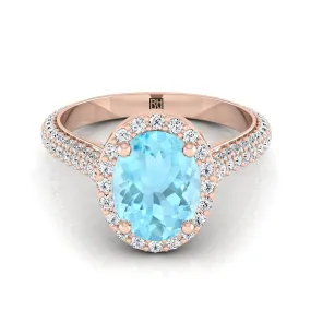 14K Rose Gold Oval Aquamarine Micro-Pavé Halo With Pave Side Diamond Engagement Ring -7/8ctw