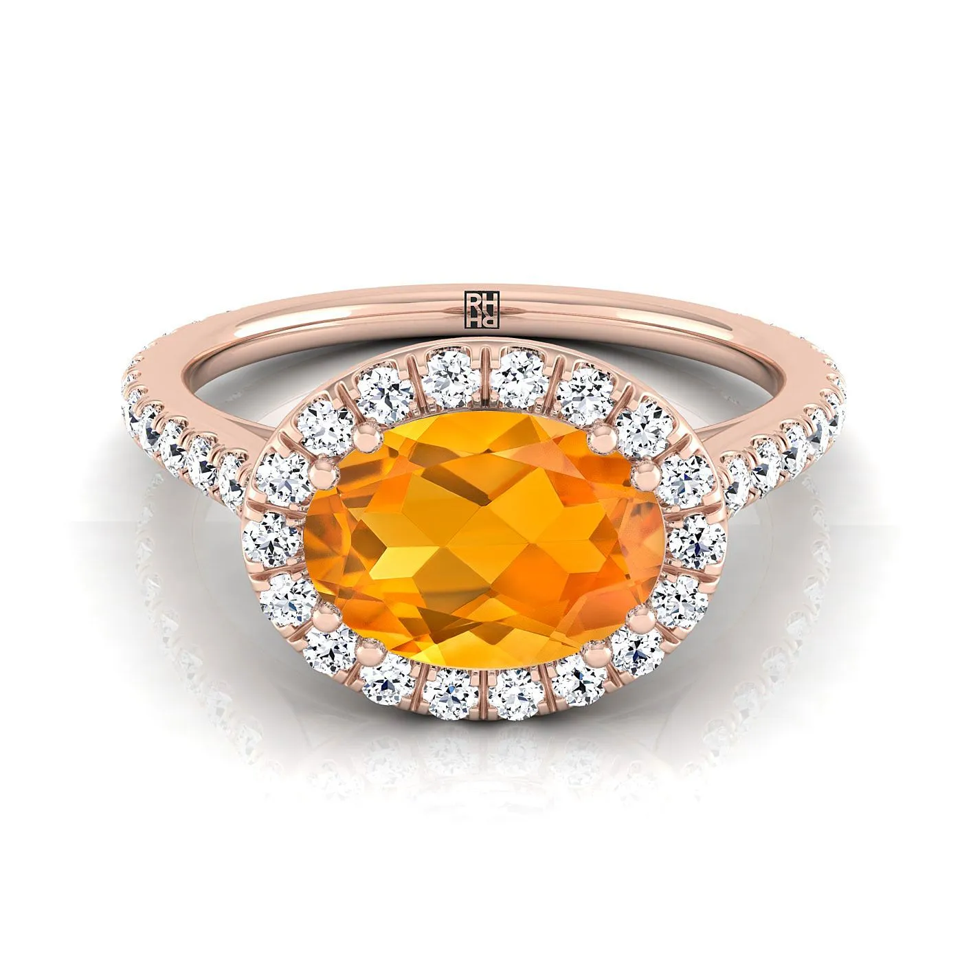 14K Rose Gold Oval Citrine Horizontal Fancy East West Diamond Halo Engagement Ring -1/2ctw