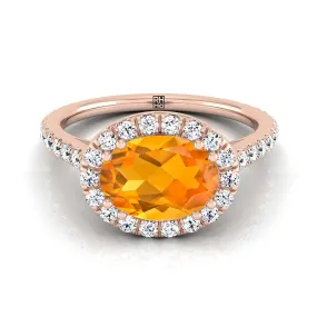 14K Rose Gold Oval Citrine Horizontal Fancy East West Diamond Halo Engagement Ring -1/2ctw