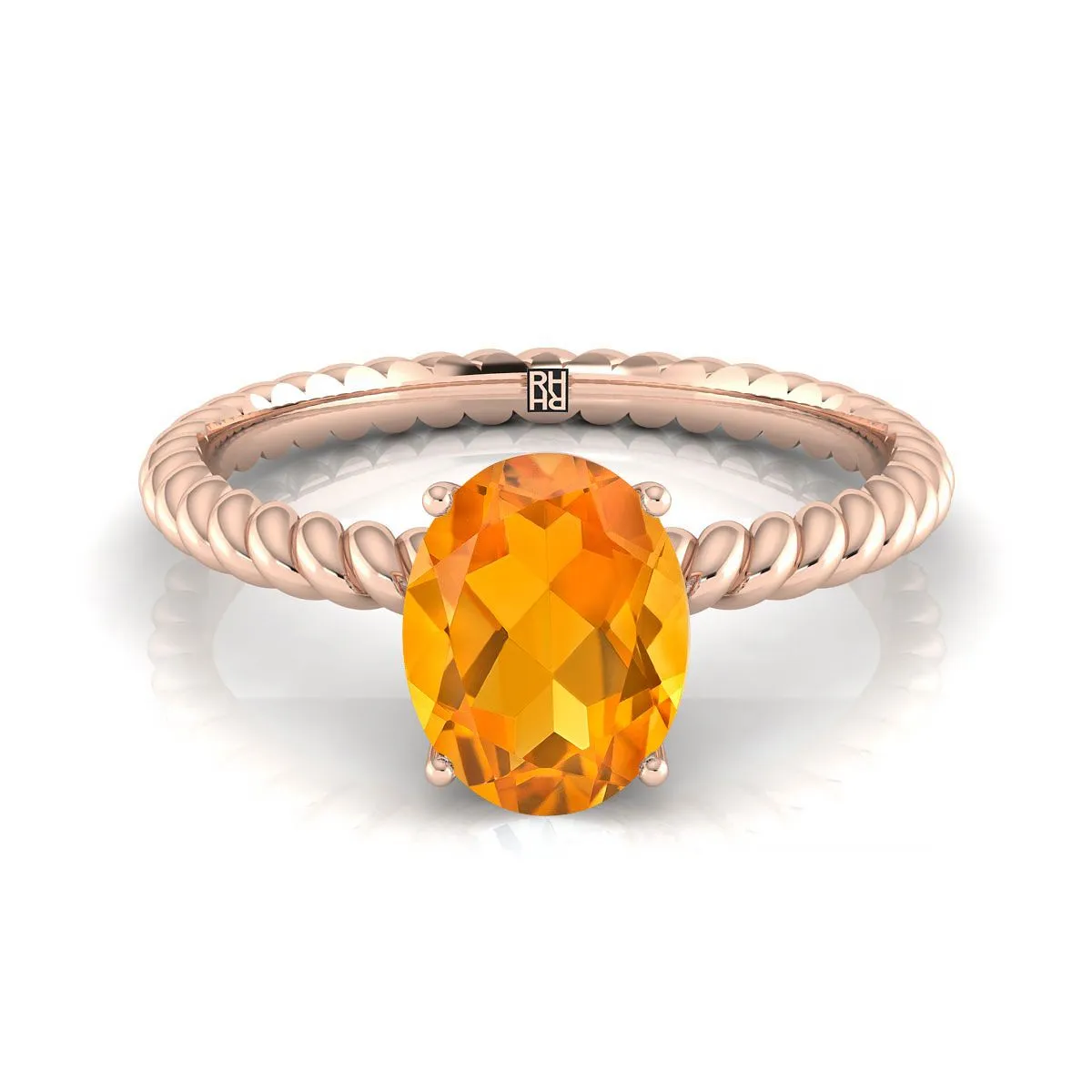 14K Rose Gold Oval Citrine Twisted Rope Solitaire With Surprize Diamond Engagement Ring