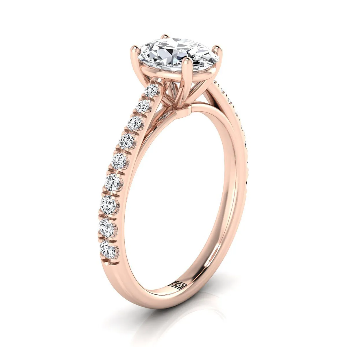 14K Rose Gold Oval Diamond French Pave Cathedral Style Solitaire Engagement Ring -1/4ctw