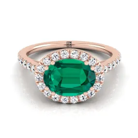 14K Rose Gold Oval Emerald Horizontal Fancy East West Diamond Halo Engagement Ring -1/2ctw