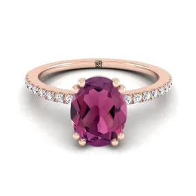 14K Rose Gold Oval Garnet Simple French Pave Double Claw Prong Diamond Engagement Ring -1/6ctw