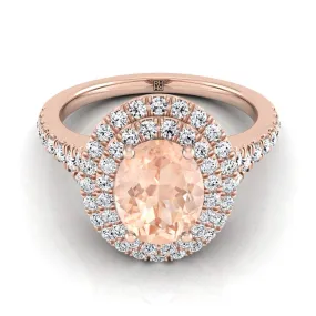 14K Rose Gold Oval Morganite Double Halo with Scalloped Pavé Diamond Engagement Ring -1/2ctw