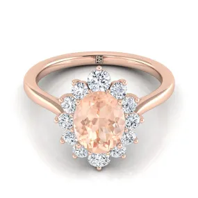 14K Rose Gold Oval Morganite Floral Diamond Halo Engagement Ring -1/2ctw