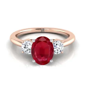 14K Rose Gold Oval Ruby Perfectly Matched Round Three Stone Diamond Engagement Ring -1/4ctw