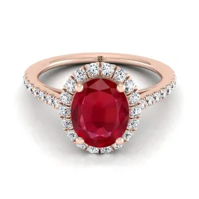 14K Rose Gold Oval Ruby Petite Halo French Diamond Pave Engagement Ring -3/8ctw