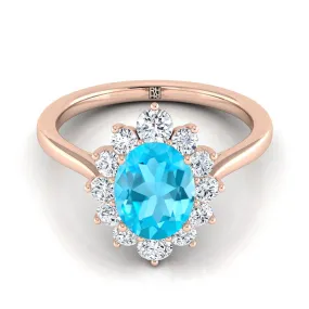 14K Rose Gold Oval Swiss Blue Topaz Floral Diamond Halo Engagement Ring -1/2ctw