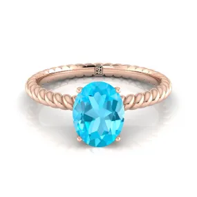 14K Rose Gold Oval Swiss Blue Topaz Twisted Rope Solitaire With Surprize Diamond Engagement Ring