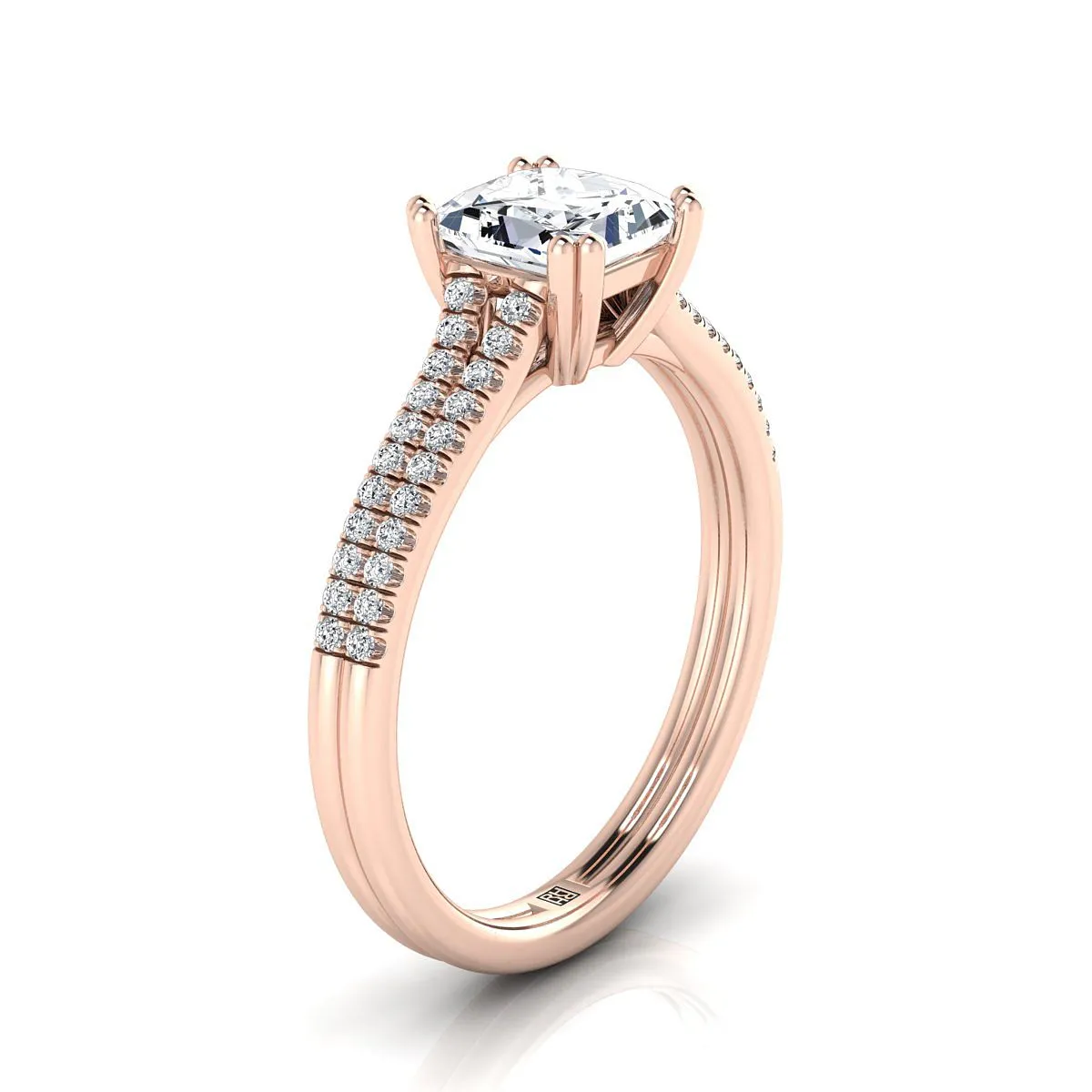 14K Rose Gold Princess Cut Diamond Double Row Double Prong French Pave Engagement Ring -1/6ctw