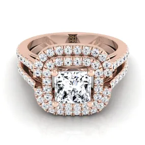 14K Rose Gold Princess Cut Open Double Diamond Row Split Shank and Halo Engagement Ring -5/8ctw