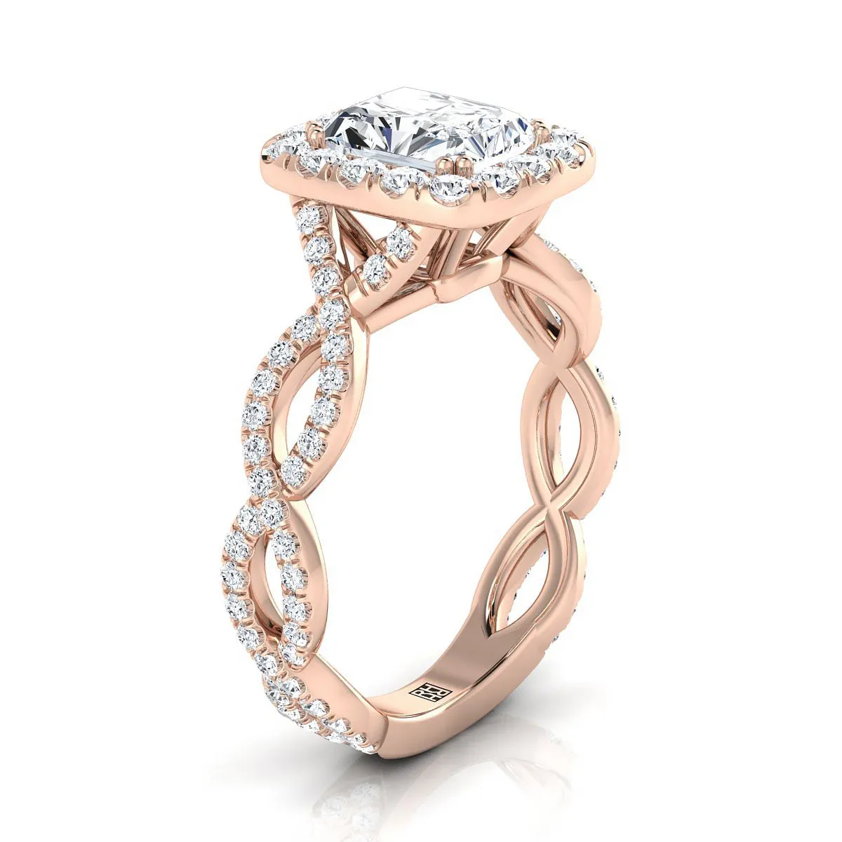 14K Rose Gold Radiant Cut Center Diamond Ribbon Twist French Pave Halo Engagement Ring -3/4ctw