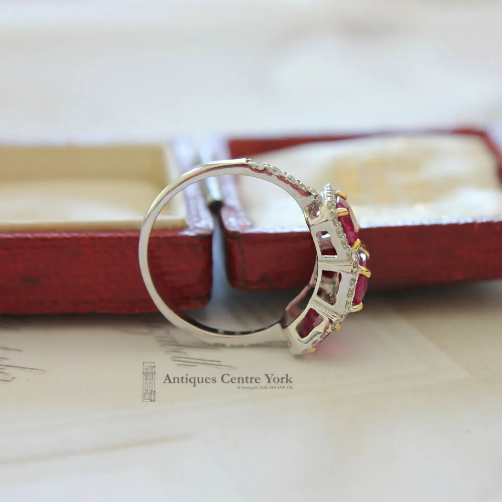 18ct White Gold Ruby & Diamond Triple Cluster Ring