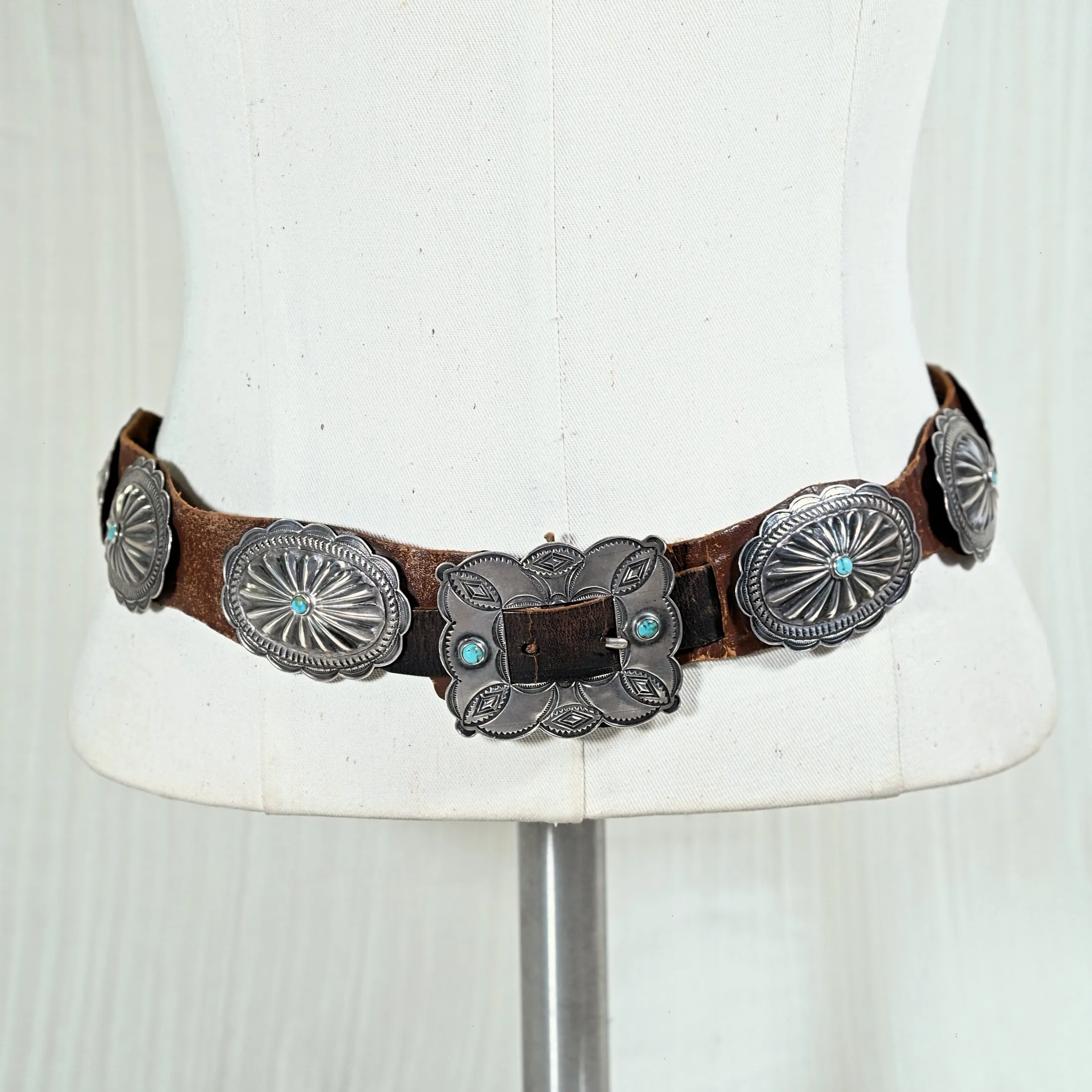 1930s Navajo Concho Belt, Hand Stamped Silver Turquoise Native American Belt, 31" L