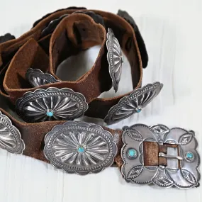 1930s Navajo Concho Belt, Hand Stamped Silver Turquoise Native American Belt, 31" L