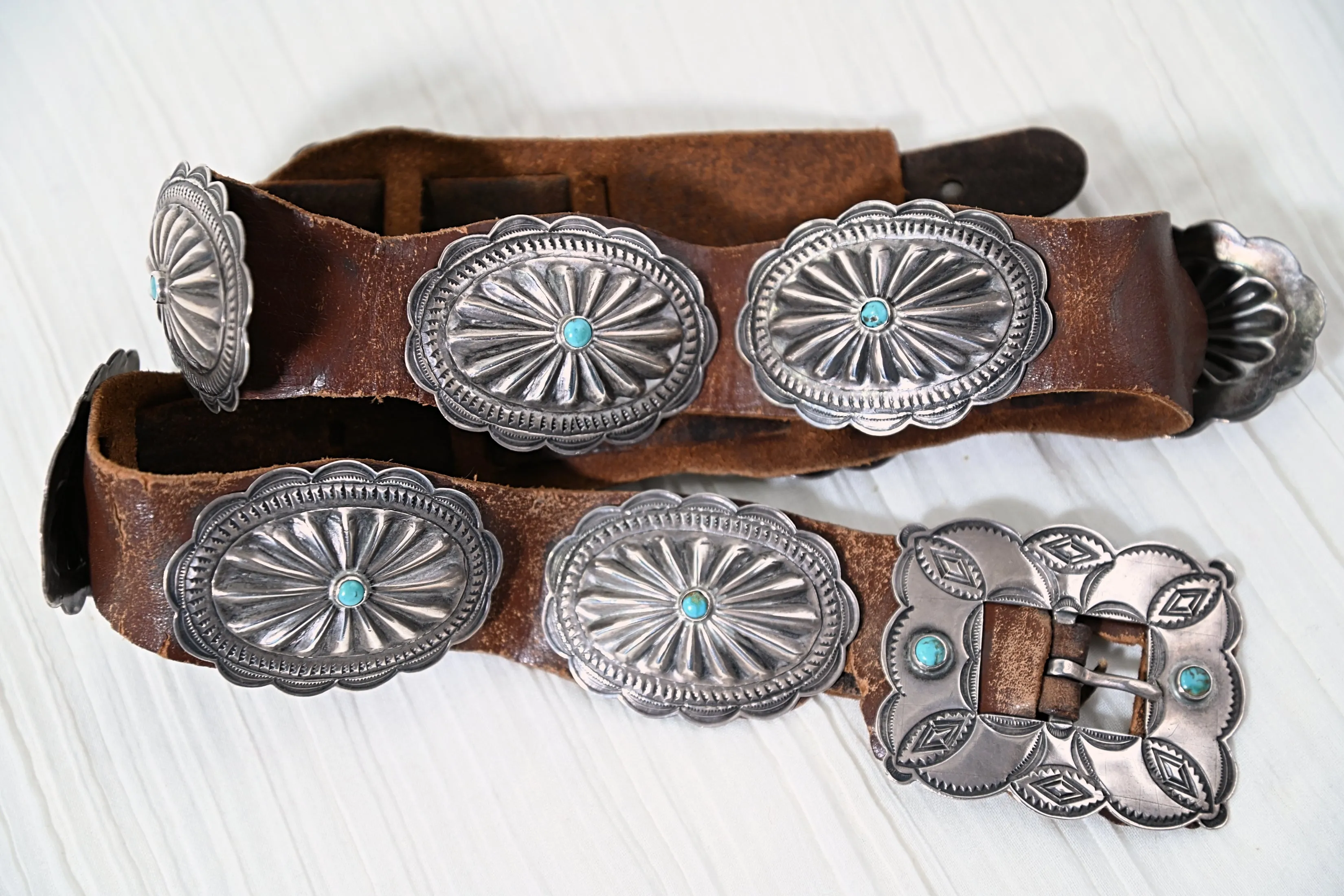 1930s Navajo Concho Belt, Hand Stamped Silver Turquoise Native American Belt, 31" L