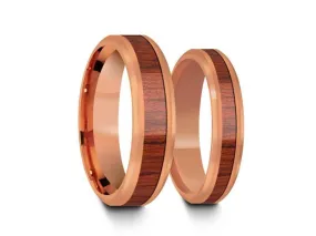 4MM/6MM HAWAIIAN KOA WOOD Tungsten Wedding Band Set BEVELED EDGES AND ROSE GOLD INTERIOR