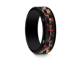 6MM BLACK CERAMIC WEDDING BAND BEVELED AND RED CARBON FIBER INLAY