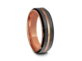 6MM BRUSHED GRAY Tungsten Wedding Band BLACK EDGES AND ROSE GOLD INTERIOR