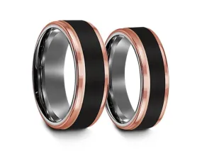 6MM/8MM BRUSHED BLACK TUNGSTEN WEDDING BAND SET ROSE GOLD EDGES AND GRAY GUNMETAL INTERIOR