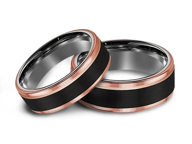 6MM/8MM BRUSHED BLACK TUNGSTEN WEDDING BAND SET ROSE GOLD EDGES AND GRAY GUNMETAL INTERIOR