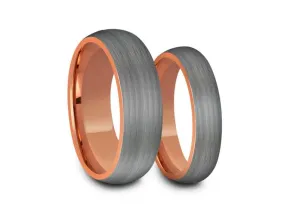 6MM/8MM BRUSHED GRAY GUNMETAL Tungsten Wedding Band Set DOME AND ROSE GOLD INTERIOR