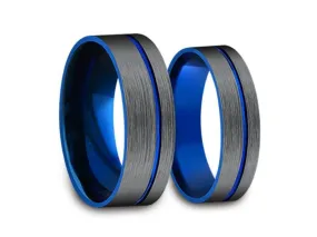 6MM/8MM BRUSHED GRAY GUNMETAL Tungsten Wedding Band Set FLAT AND BLUE INTERIOR