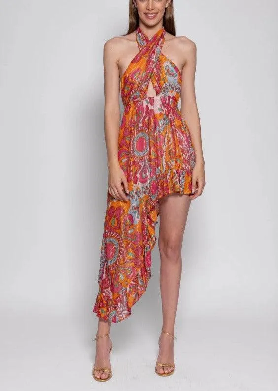 Amina Asymmetric Dress in Havana Print