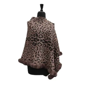 Animal Print Poncho with Embellishments and Fur Trim- Leopard