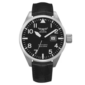 Aviator Black Leather Swiss Made Men's Watch - V12201484