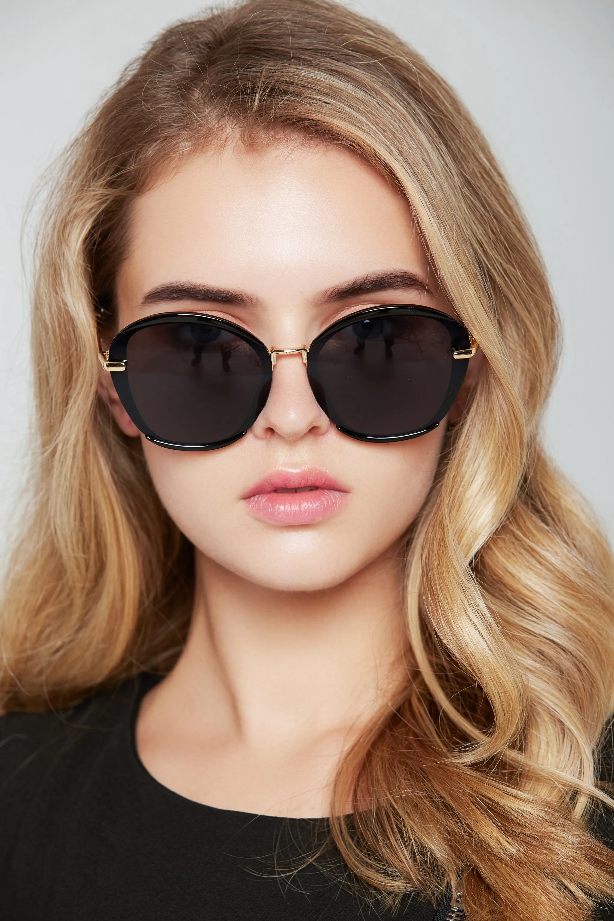 Black Slim Rim Round Oversized Sunglasses