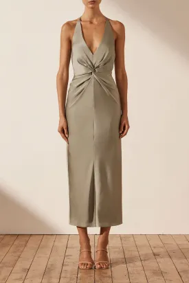 LUXE TWIST FRONT HALTER MIDI DRESS - EUCALYPTUS