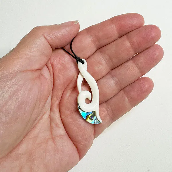 Maori Bone Hook Necklace with Twist Koru and Paua