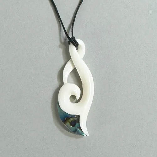 Maori Bone Hook Necklace with Twist Koru and Paua