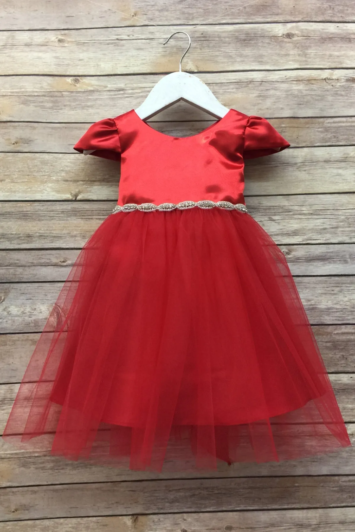 Regina Satin & Tulle Baby Dress with Capped Sleeves and Swirl Rhinestone Belt