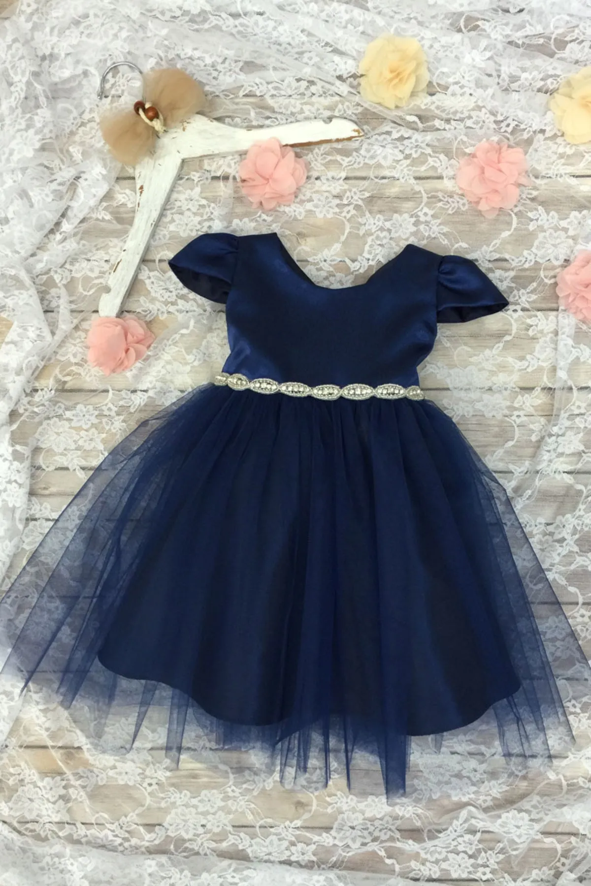 Regina Satin & Tulle Baby Dress with Capped Sleeves and Swirl Rhinestone Belt