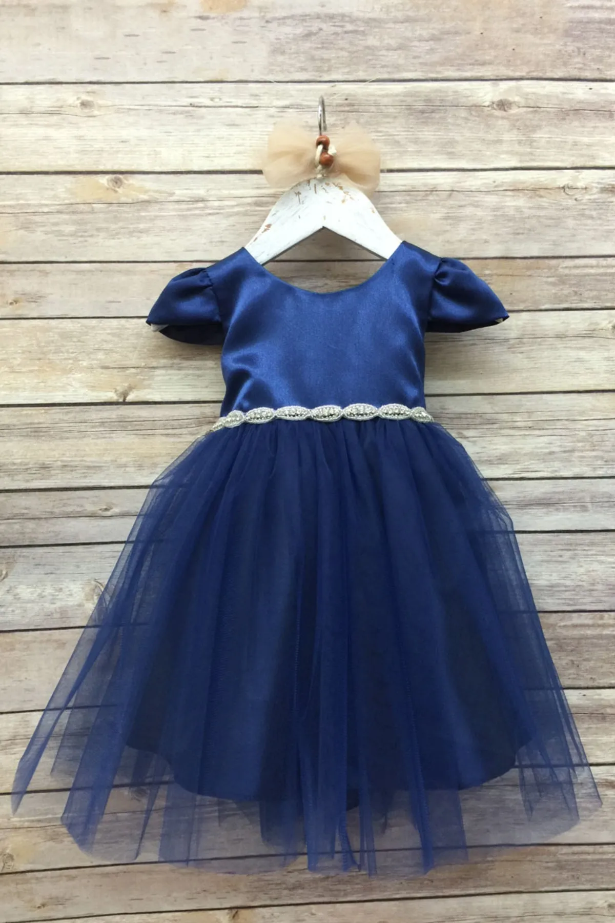 Regina Satin & Tulle Baby Dress with Capped Sleeves and Swirl Rhinestone Belt