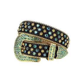 Shiny Black Strap With Aqua & Gold Studded Rhinestone Belt