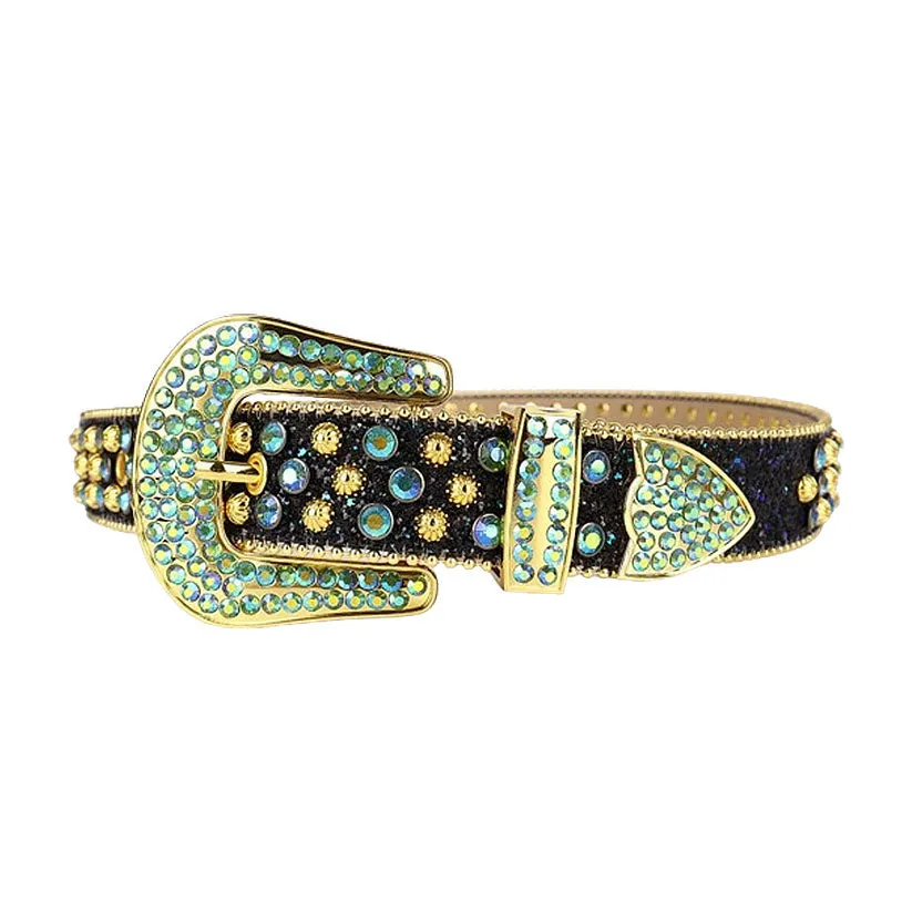 Shiny Black Strap With Aqua & Gold Studded Rhinestone Belt