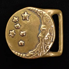 SOLD Vintage 70s Man in The Moon Belt Buckle, Solid Brass Celestial Stars Hippie Buckle, Trinty 119.9 Grams